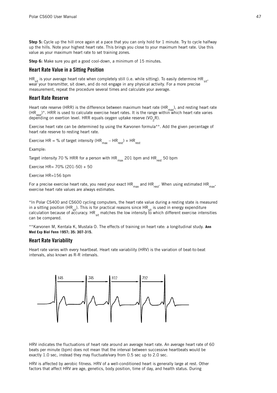 Heart rate value in a sitting position, Heart rate reserve, Heart rate variability | POLAR CS600 User Manual | Page 47 / 56