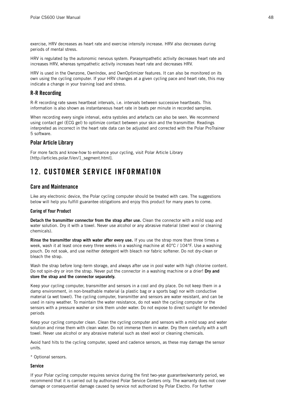 R-r recording, Polar article library, Customer service information | Care and maintenance, Caring of your product, Service | POLAR CS600 User Manual | Page 48 / 56