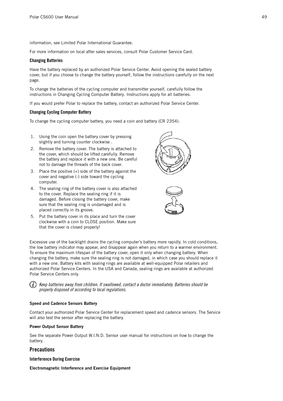 Changing batteries, Changing cycling computer battery, Precautions | Interference during exercise | POLAR CS600 User Manual | Page 49 / 56