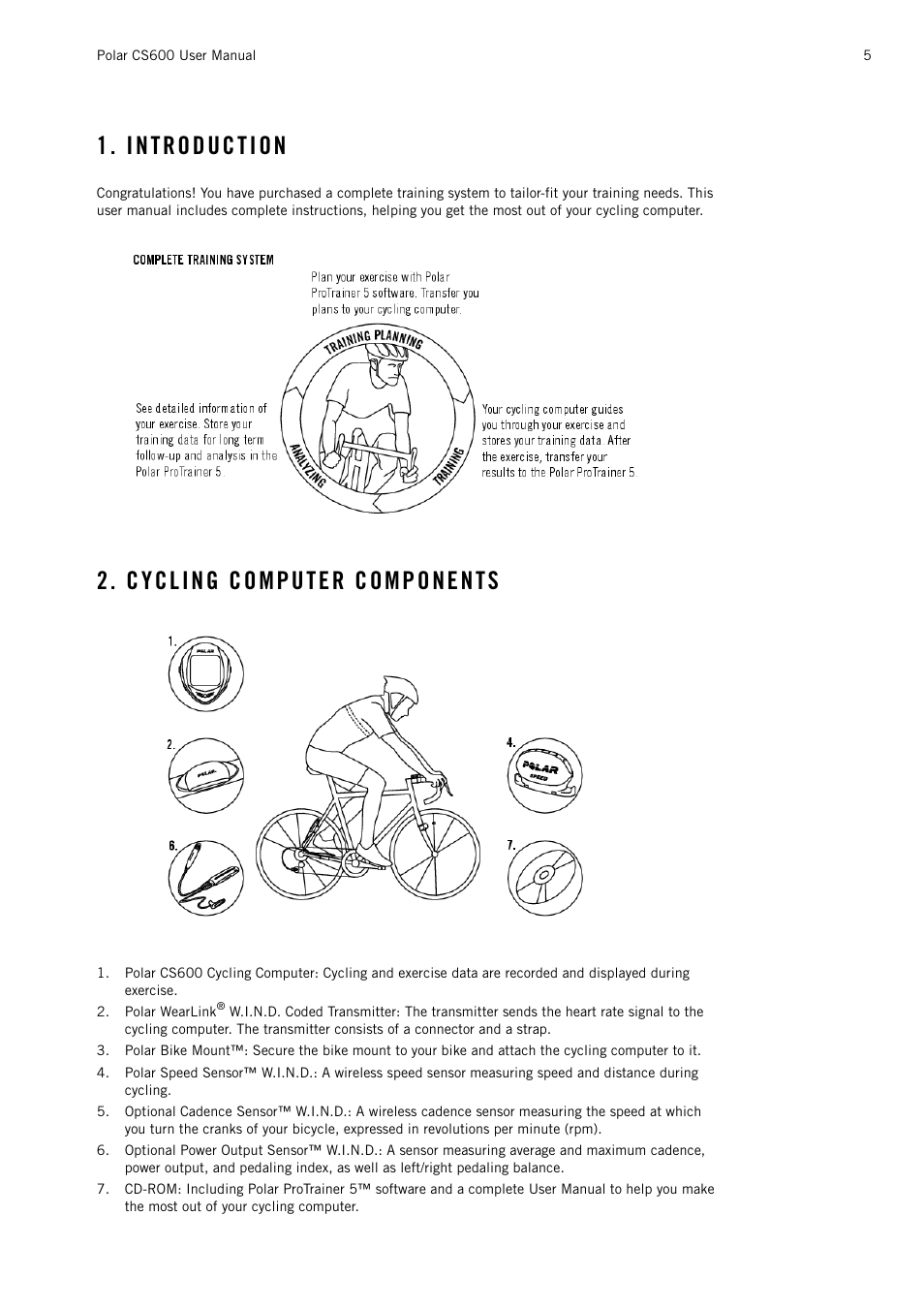 Introduction, Cycling computer components, Getting started | POLAR CS600 User Manual | Page 5 / 56