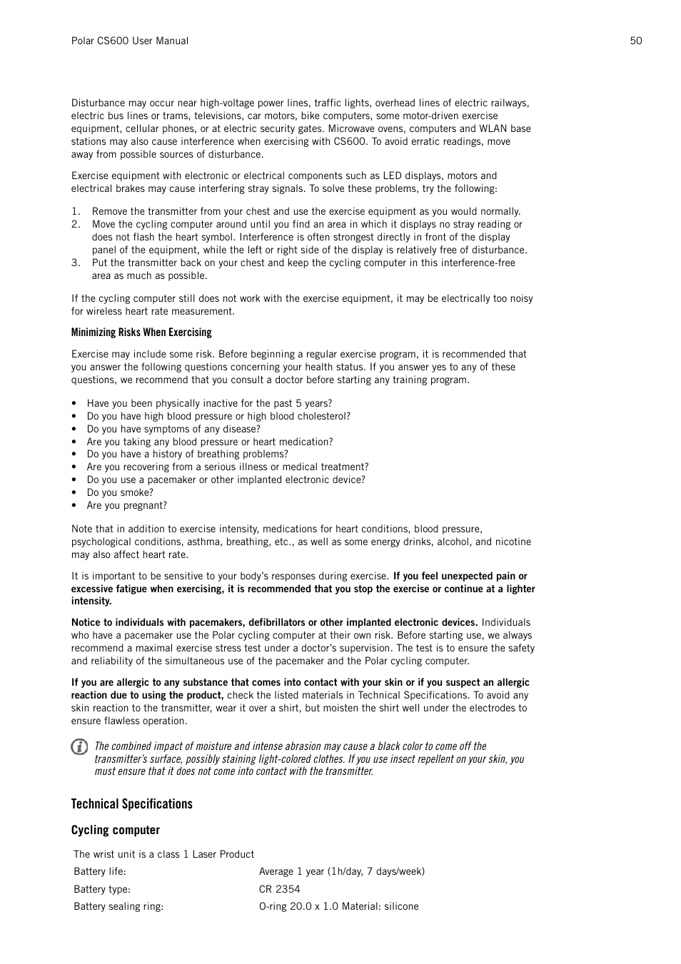 Minimizing risks when exercising, Technical specifications | POLAR CS600 User Manual | Page 50 / 56