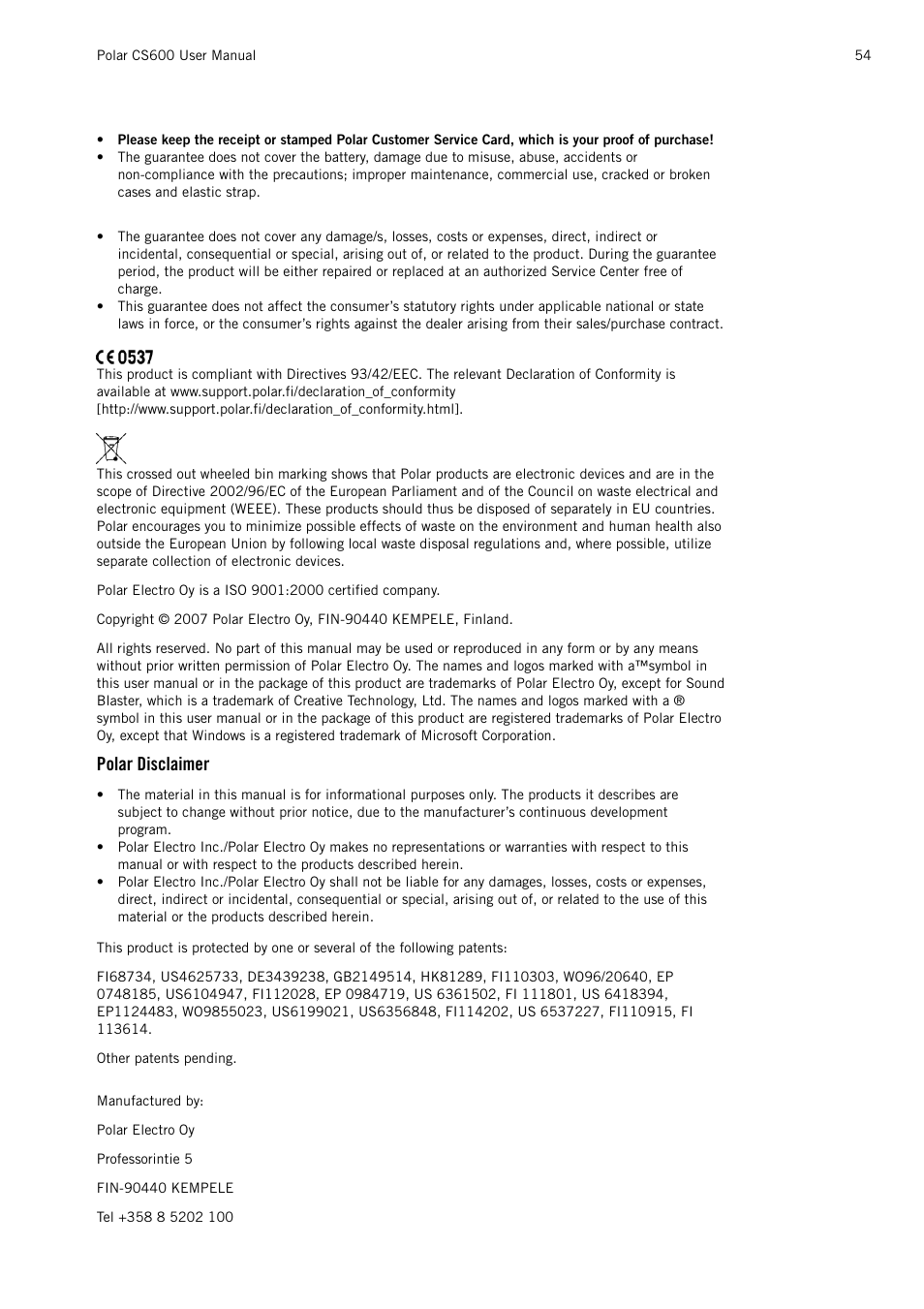 Polar disclaimer | POLAR CS600 User Manual | Page 54 / 56