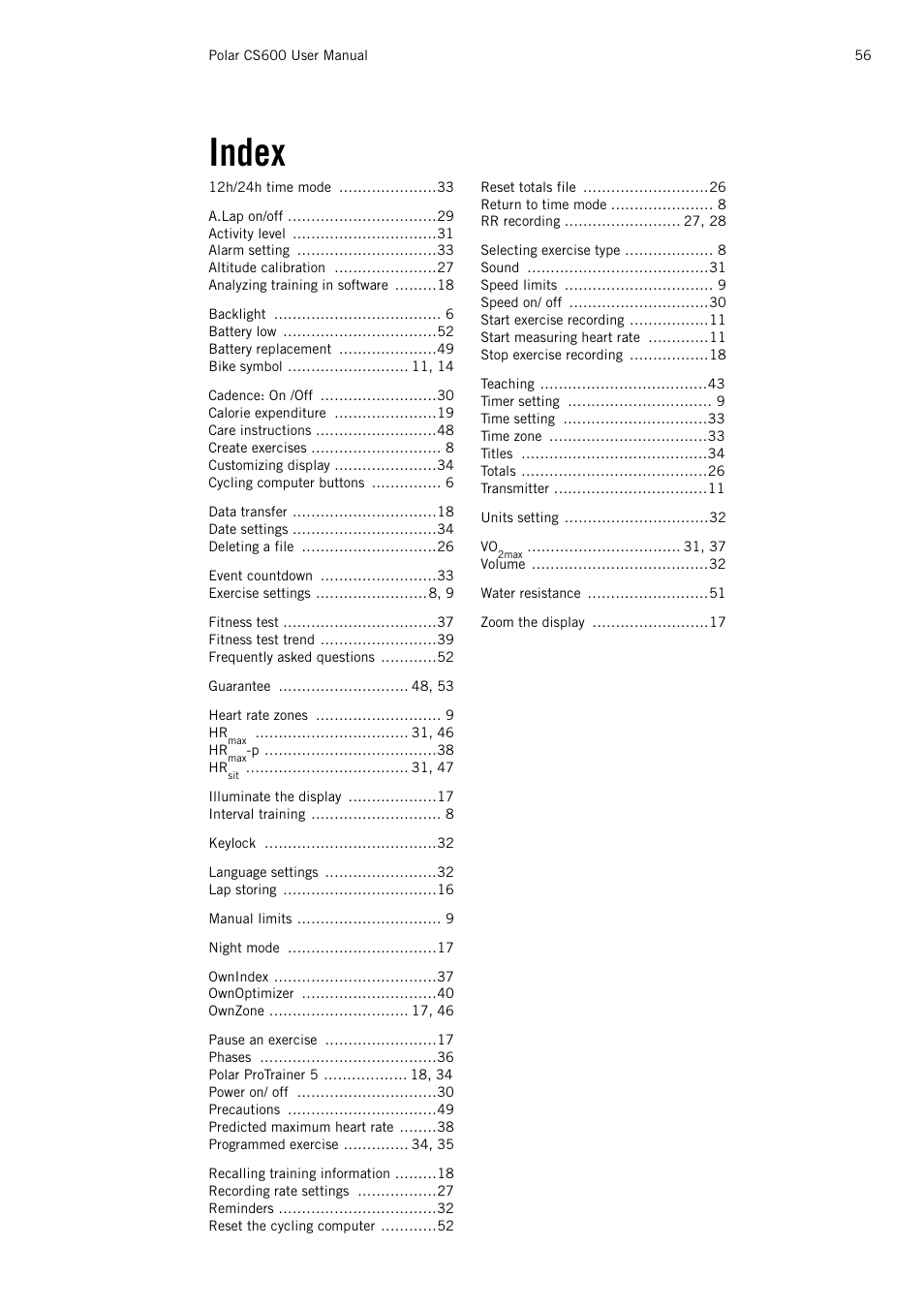 Index | POLAR CS600 User Manual | Page 56 / 56