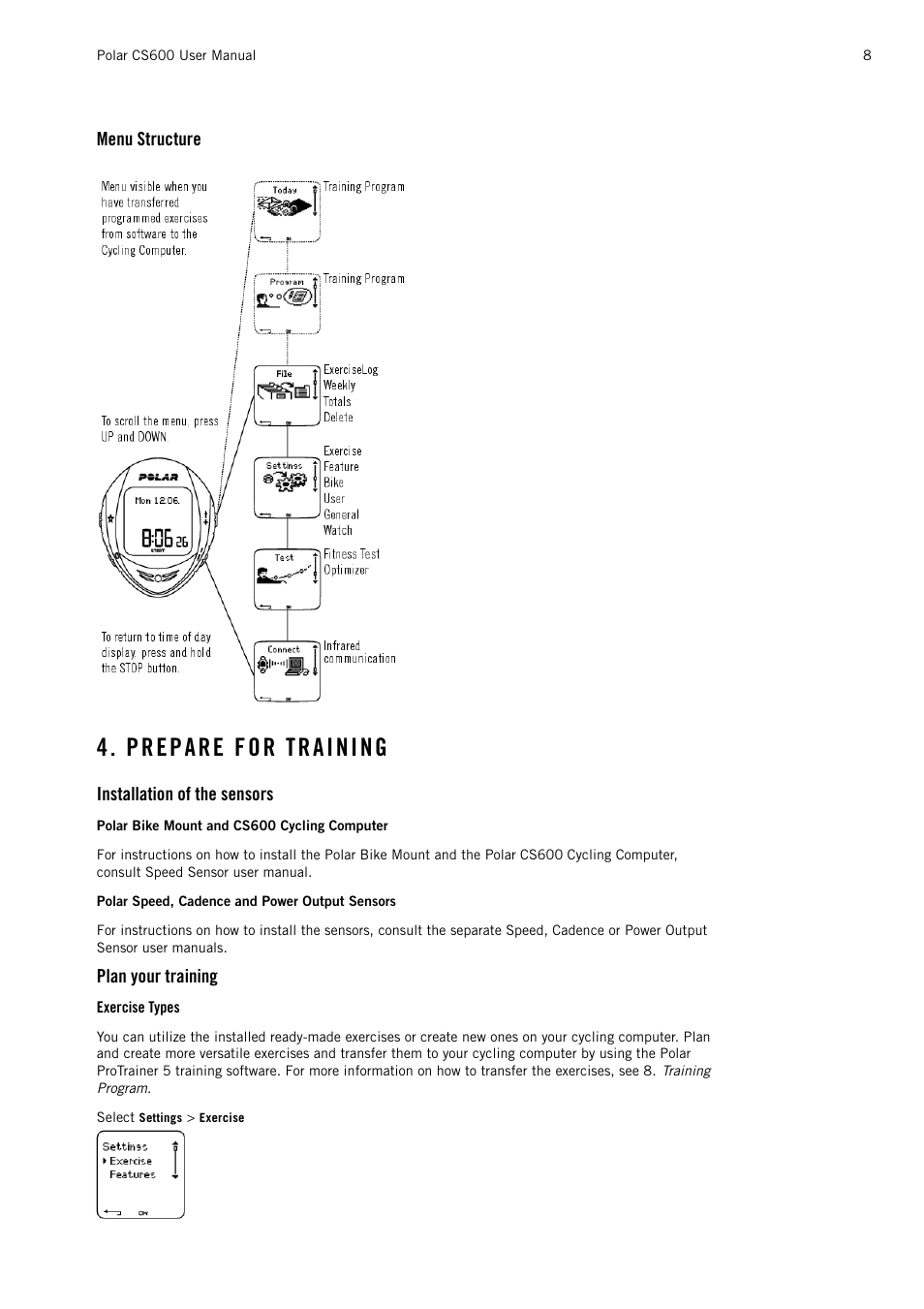 Menu structure, Prepare for training, Installation of the sensors | Plan your training, Exercise types | POLAR CS600 User Manual | Page 8 / 56