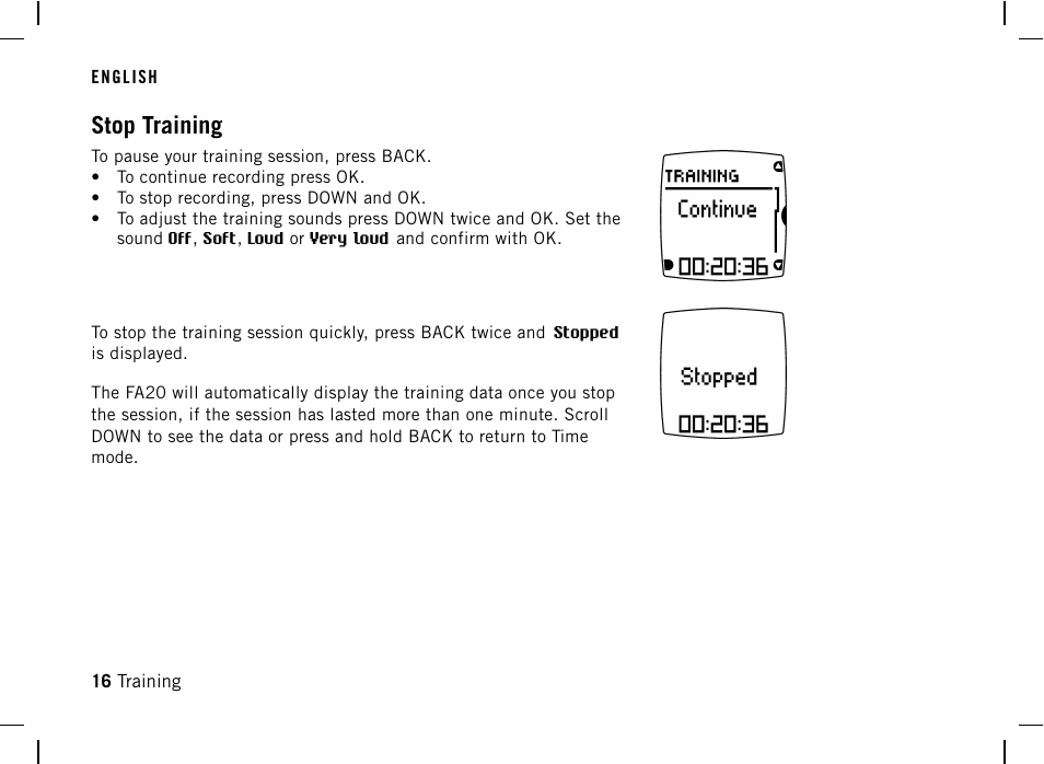 Stop training | POLAR DA20 User Manual | Page 16 / 30