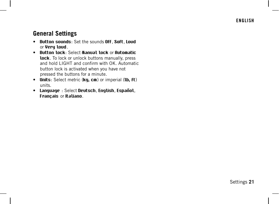 General settings | POLAR DA20 User Manual | Page 21 / 30