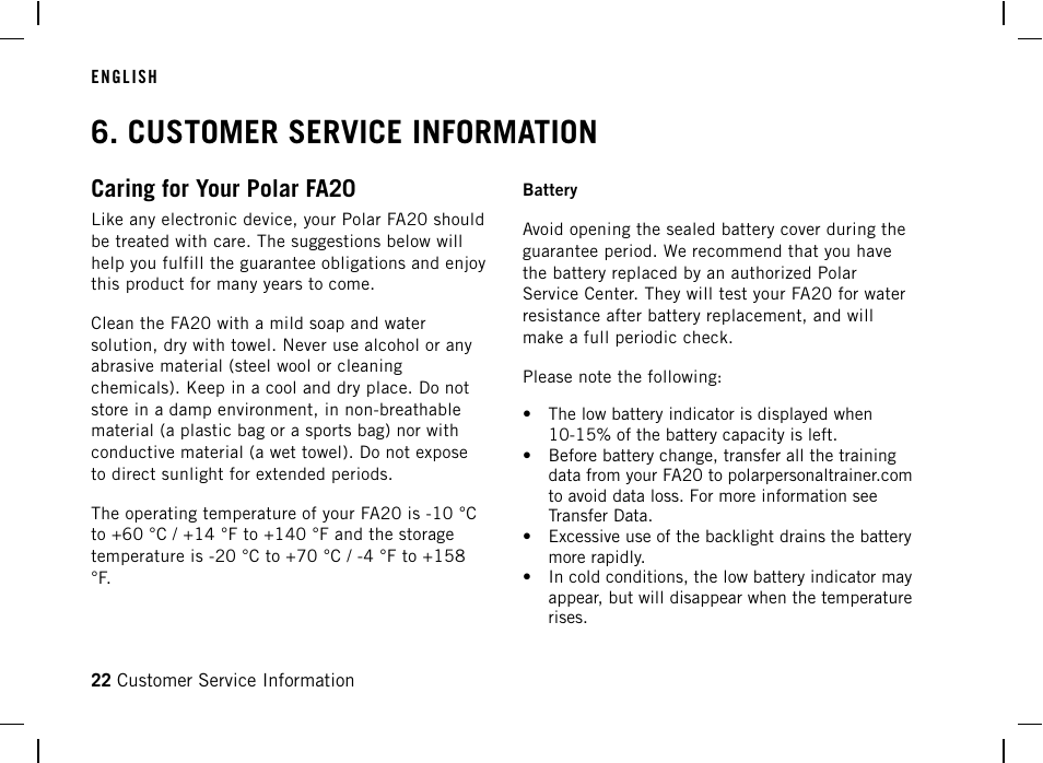 Customer service information, Caring for your polar fa20 | POLAR DA20 User Manual | Page 22 / 30