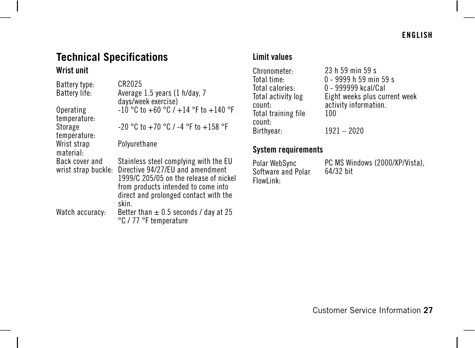 Technical specifications | POLAR DA20 User Manual | Page 27 / 30