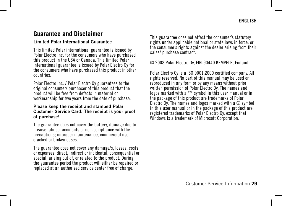 Guarantee and disclaimer | POLAR DA20 User Manual | Page 29 / 30