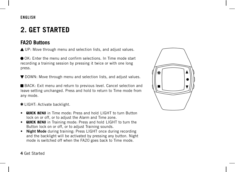 Get started, Fa20 buttons | POLAR DA20 User Manual | Page 4 / 30