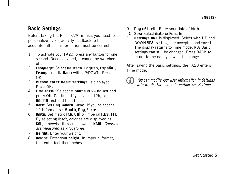 Basic settings | POLAR DA20 User Manual | Page 5 / 30