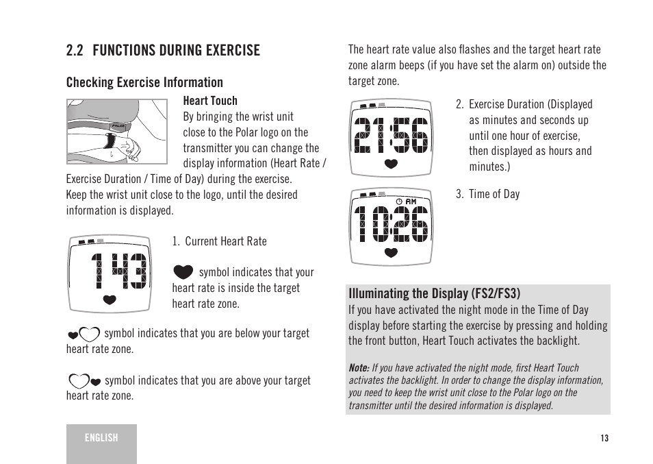 2 functions during exercise | POLAR FS2 User Manual | Page 10 / 26