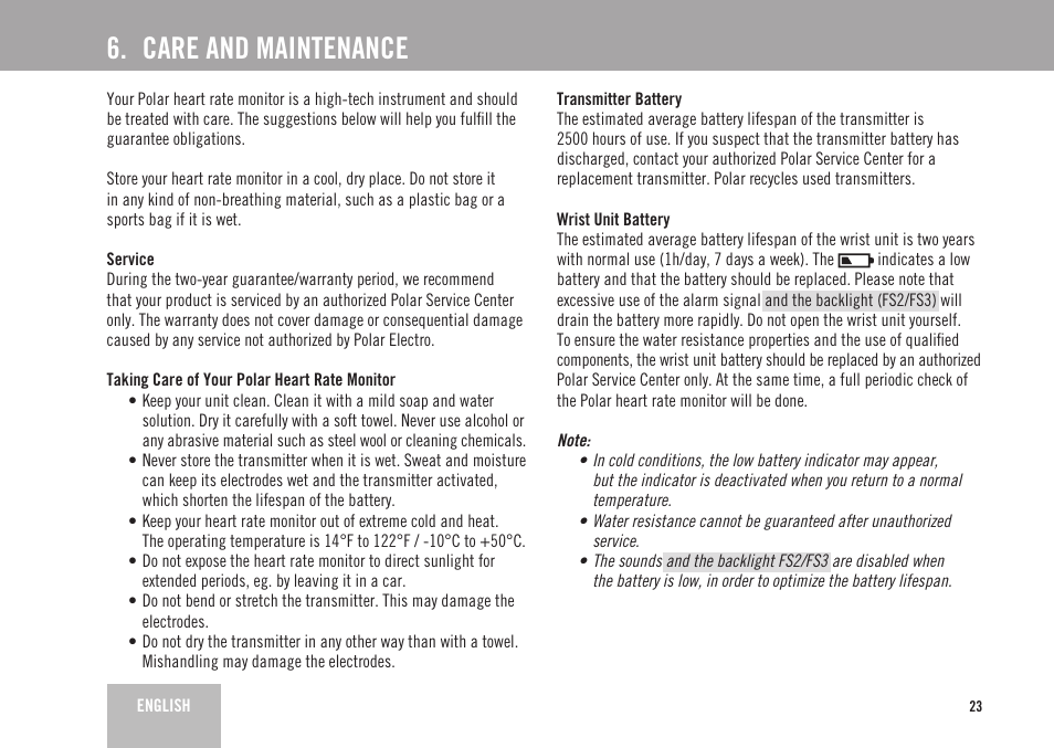 Care and maintenance | POLAR FS2 User Manual | Page 20 / 26