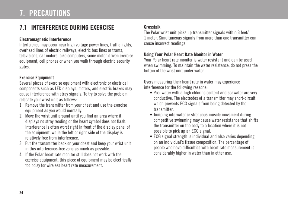 Precautions, 1 interference during exercise | POLAR FS2 User Manual | Page 21 / 26