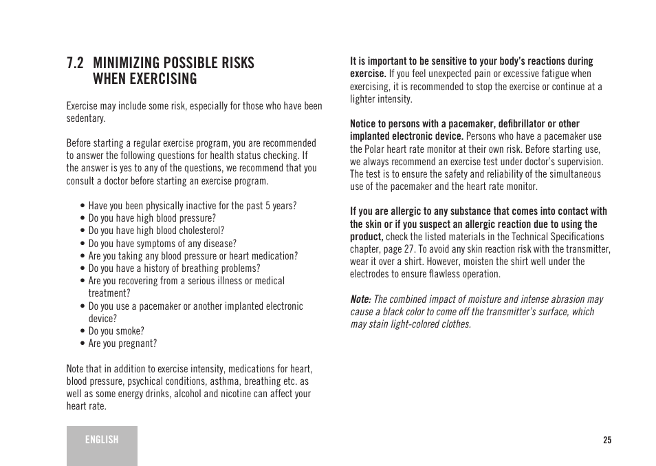 2 minimizing possible risks when exercising | POLAR FS2 User Manual | Page 22 / 26
