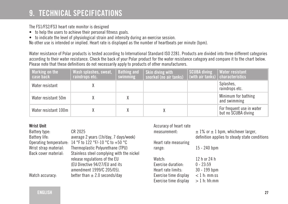 Technical specifications | POLAR FS2 User Manual | Page 24 / 26
