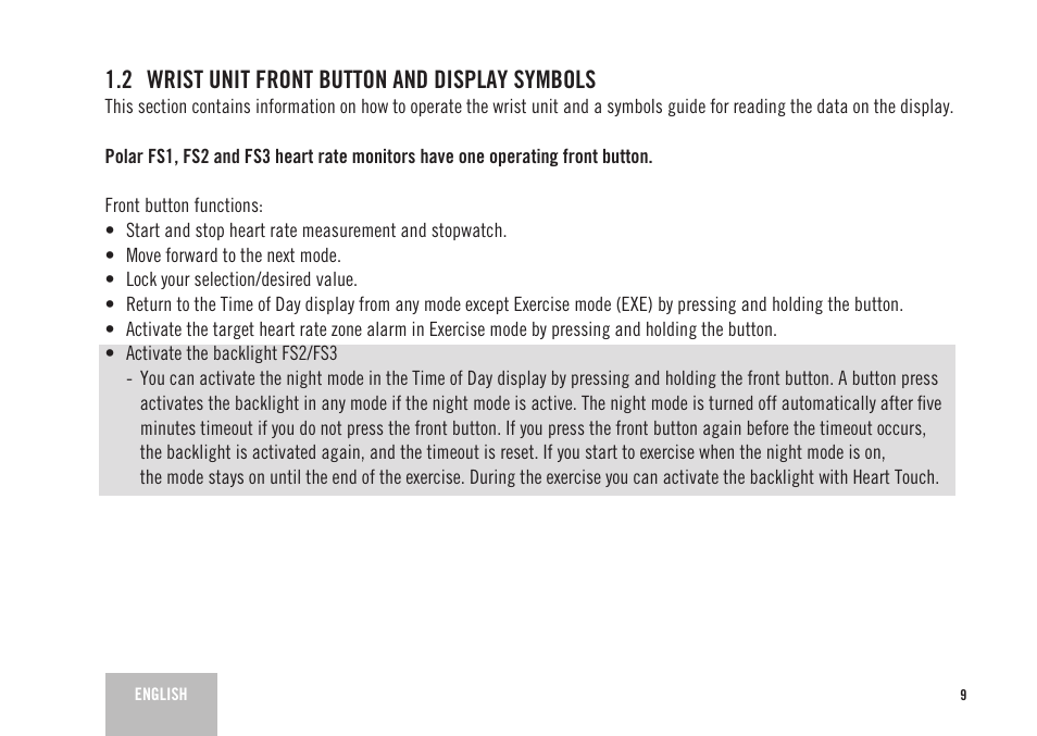 2 wrist unit front button and display symbols | POLAR FS2 User Manual | Page 6 / 26
