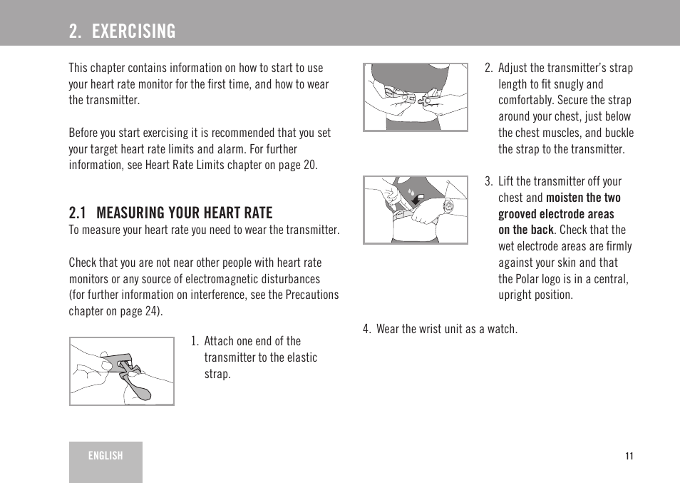 Exercising, 1 measuring your heart rate | POLAR FS2 User Manual | Page 8 / 26