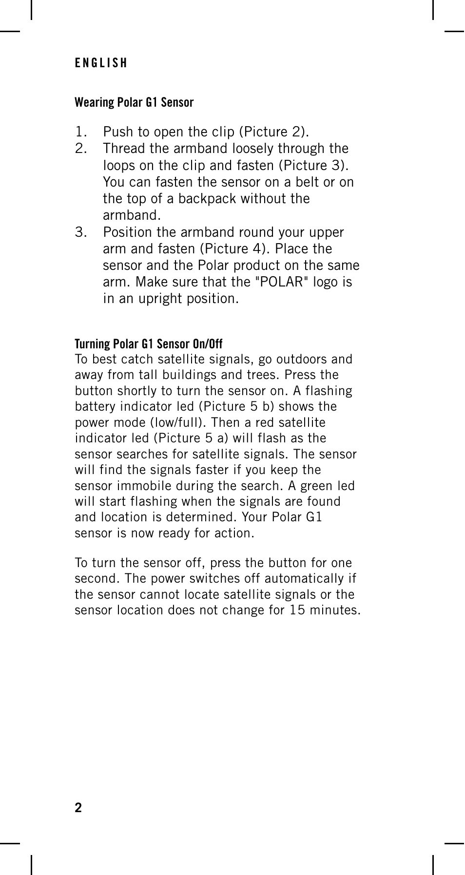 Wearing polar g1 sensor, Turning polar g1 sensor on/off | POLAR GPS Sensor G1 User Manual | Page 2 / 8