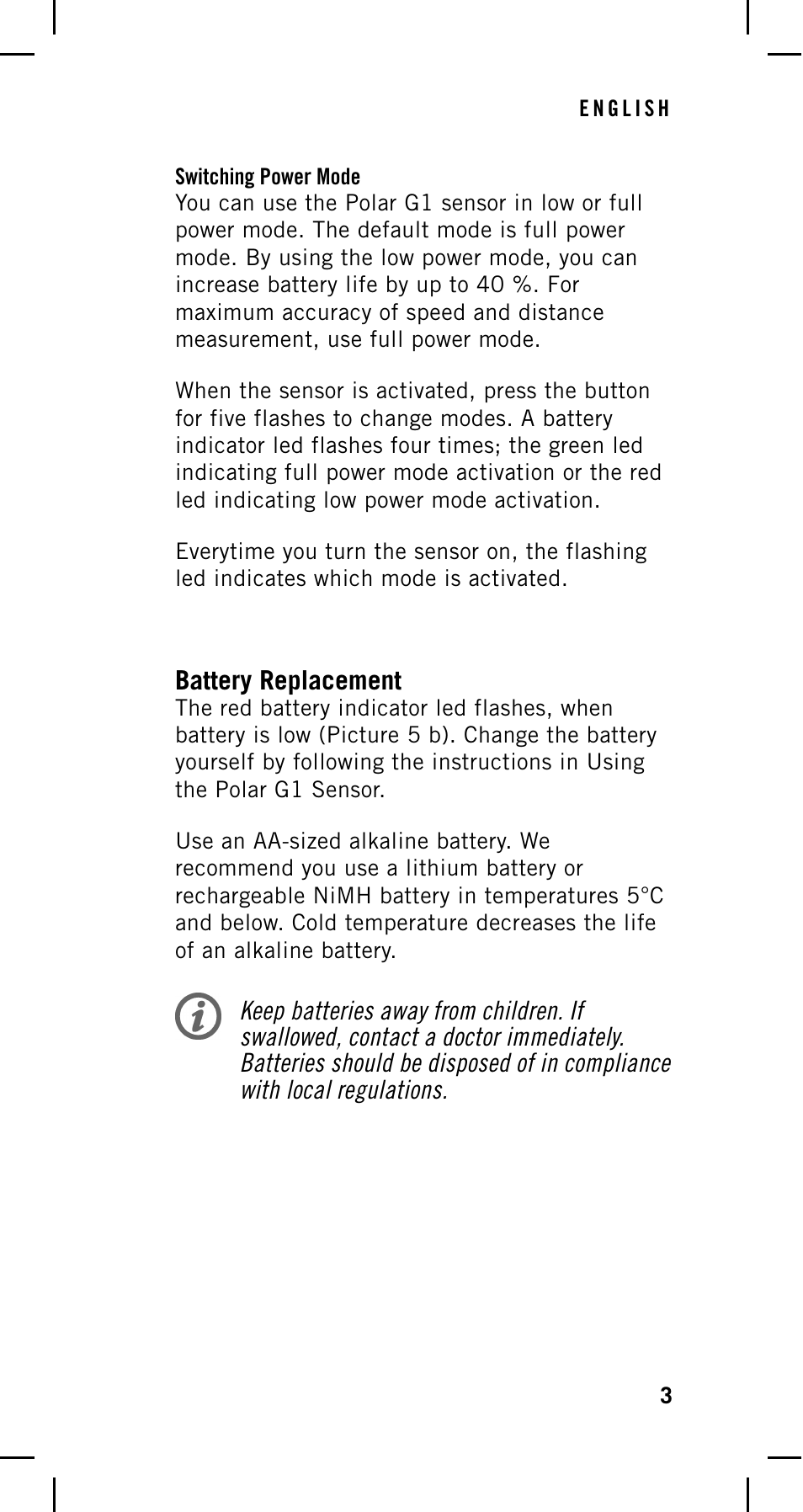 Switching power mode, Battery replacement | POLAR GPS Sensor G1 User Manual | Page 3 / 8