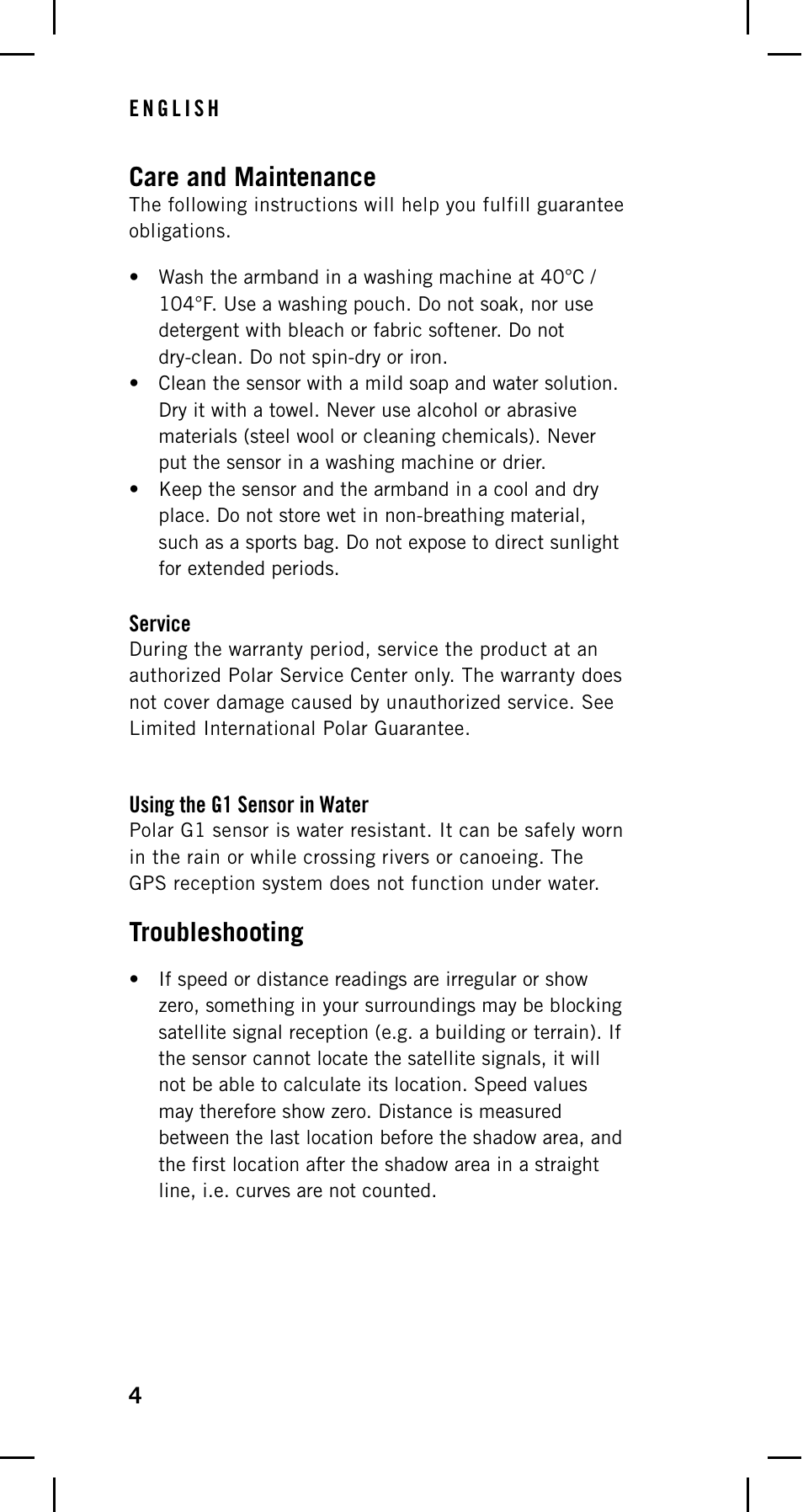 Care and maintenance, Service, Using the g1 sensor in water | Troubleshooting | POLAR GPS Sensor G1 User Manual | Page 4 / 8