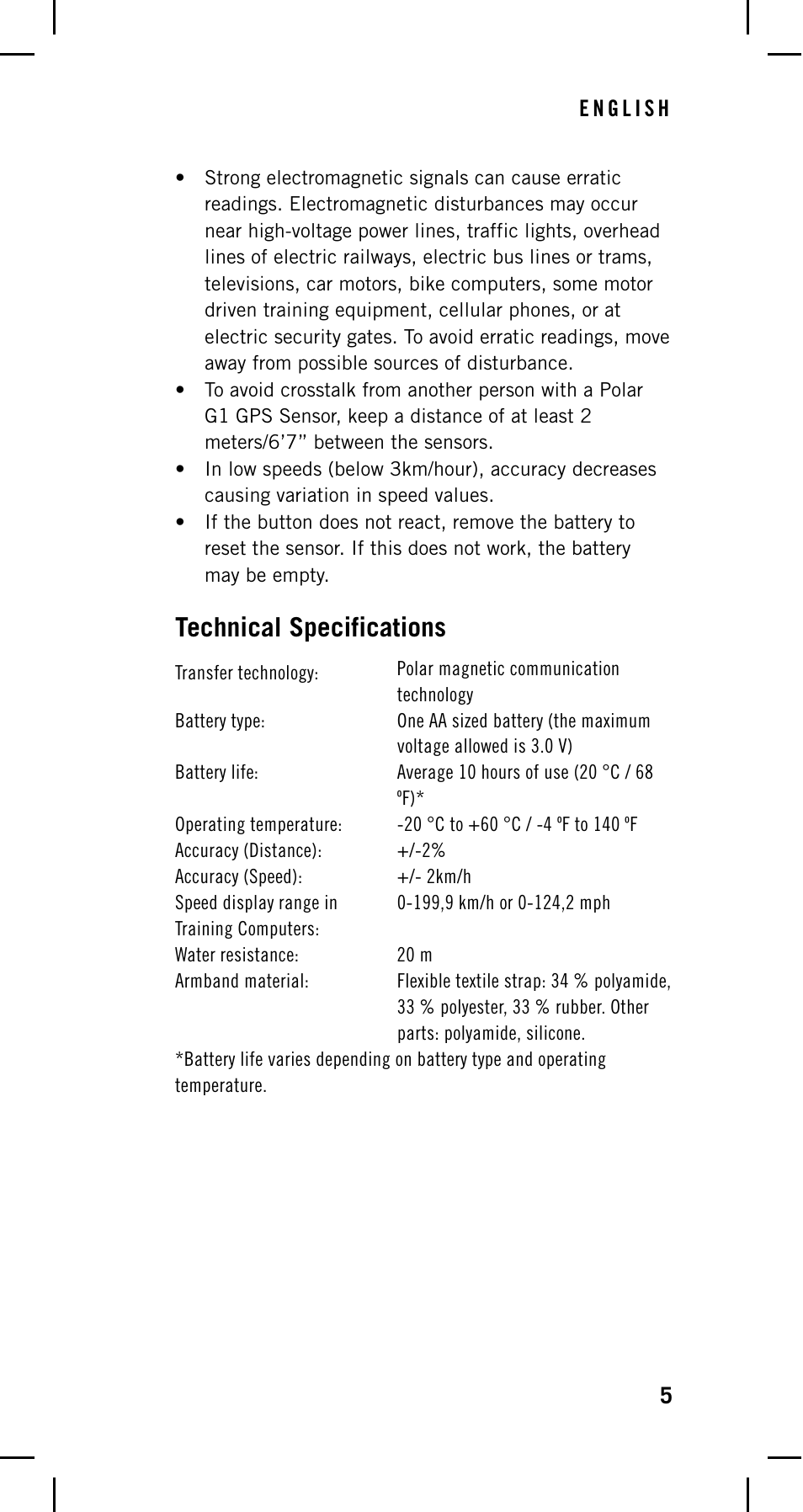 Technical specifications | POLAR GPS Sensor G1 User Manual | Page 5 / 8