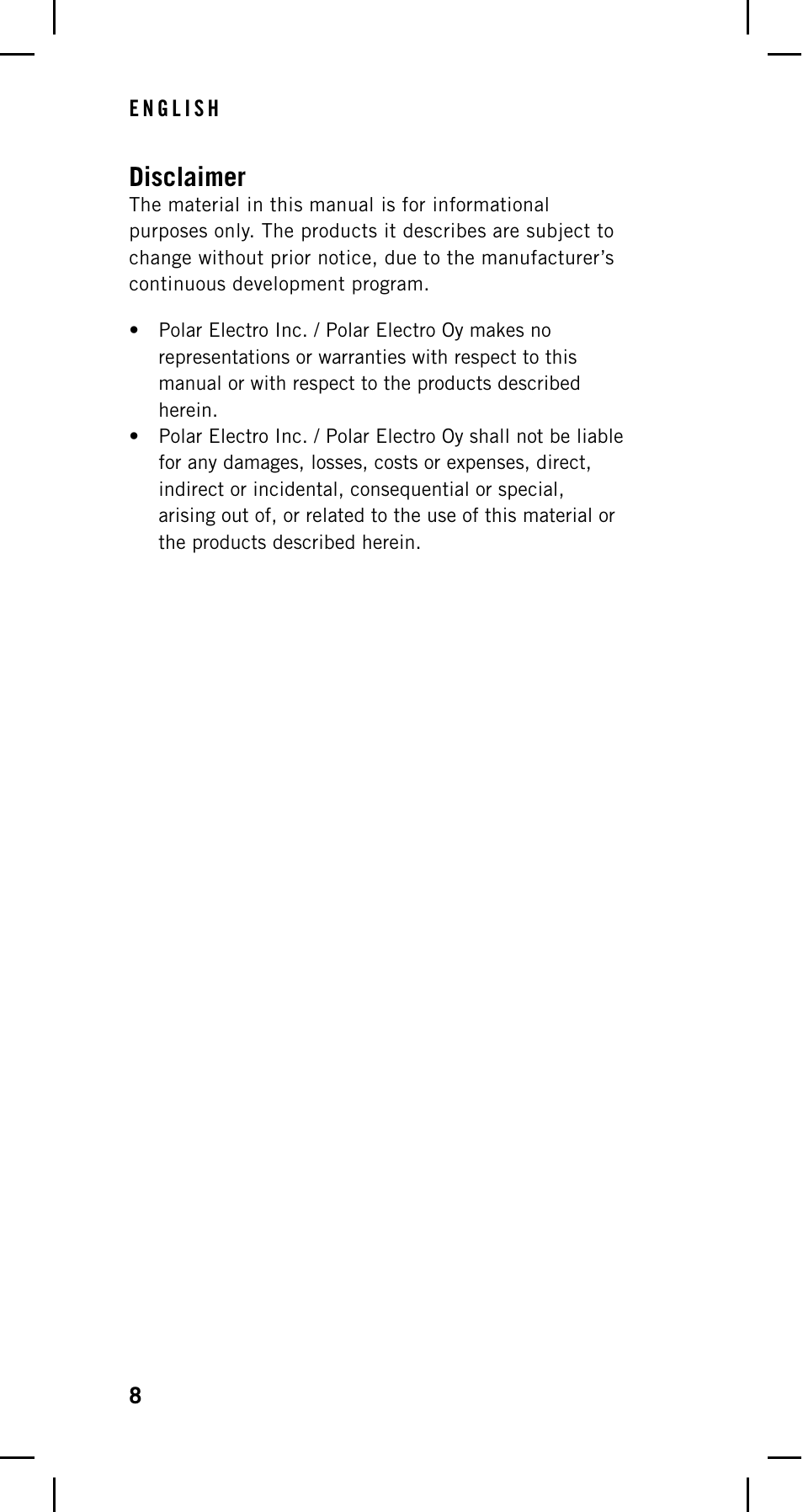 Disclaimer | POLAR GPS Sensor G1 User Manual | Page 8 / 8