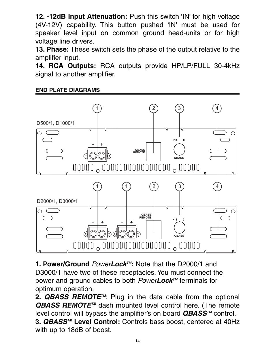 Power lock, Qbass remote, Qbass | Power/ground, Terminals for optimum operation. 2, Plug in the data cable from the optional, Control. 3 | Precision Power D500/1 User Manual | Page 15 / 23