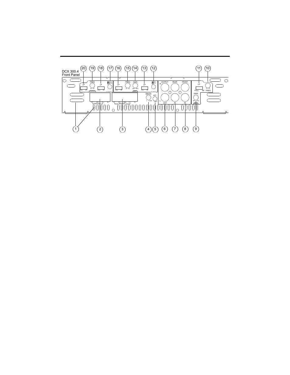 Power lock, Qbass, Connector here. 4 | Dcx 300.4 front plate diagram | Precision Power DCX 300.4 User Manual | Page 14 / 30