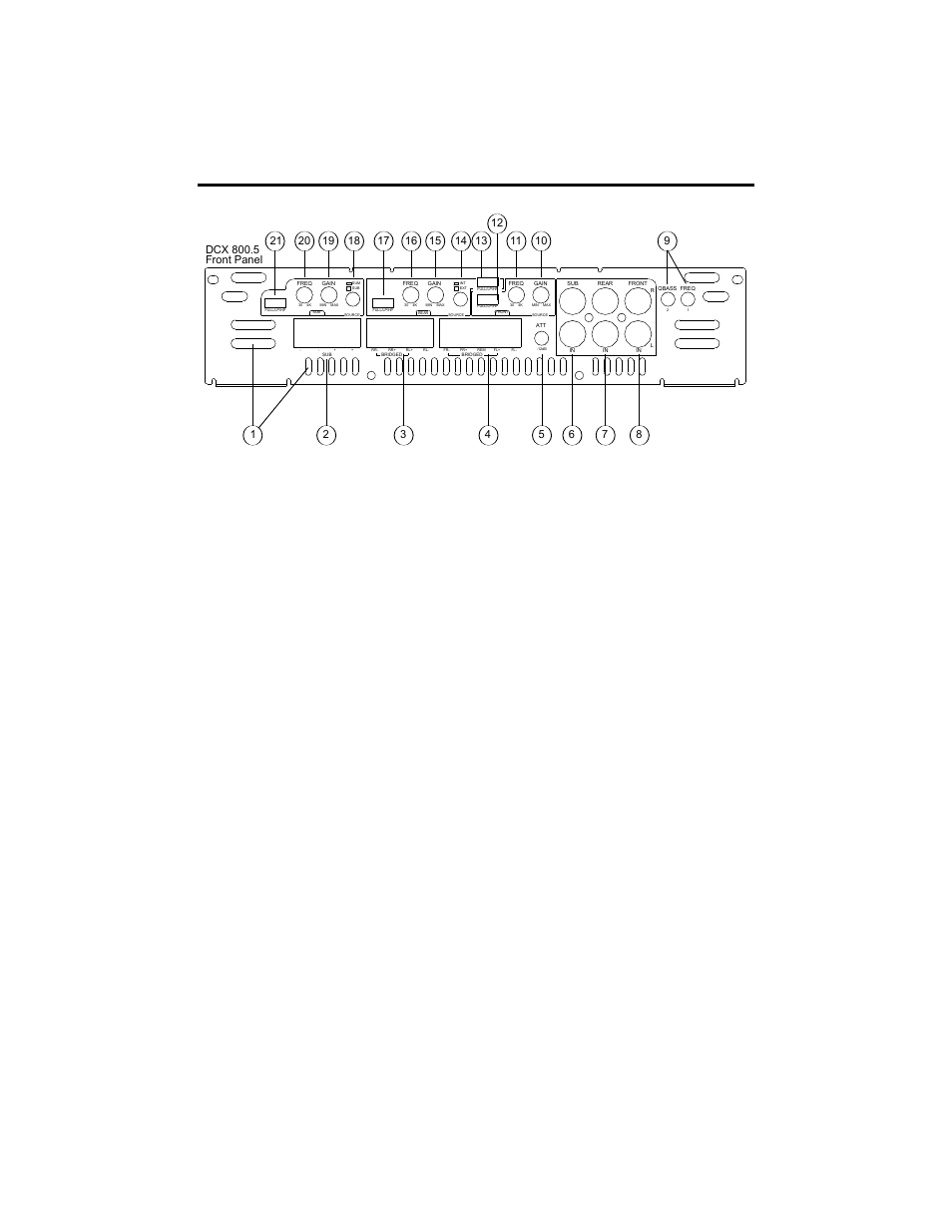 Power lock, Qbass, Qbass plus | 1 and qbass, 2 freq.: use these switches, Dcx 800.5 front plate diagram | Precision Power DCX 300.4 User Manual | Page 18 / 30