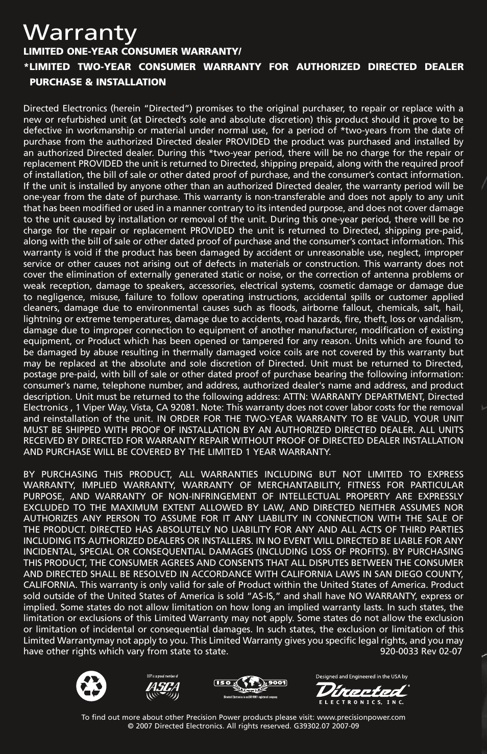 Warranty | Precision Power 355cs User Manual | Page 26 / 26