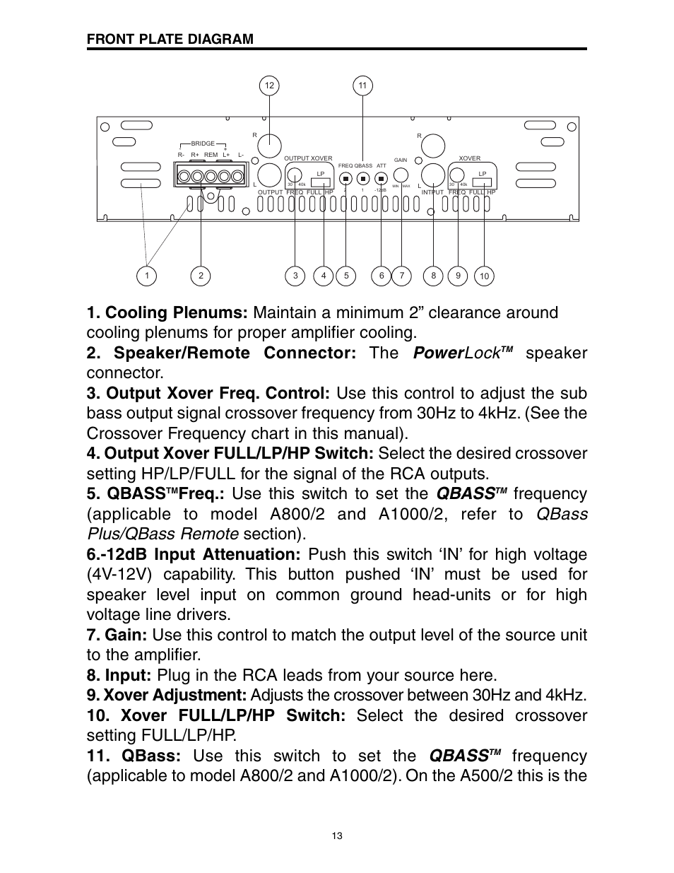 Power lock, Qbass, Qbass plus/qbass remote | Freq.: use this switch to set the, Front plate diagram | Precision Power A1000/2 User Manual | Page 14 / 23