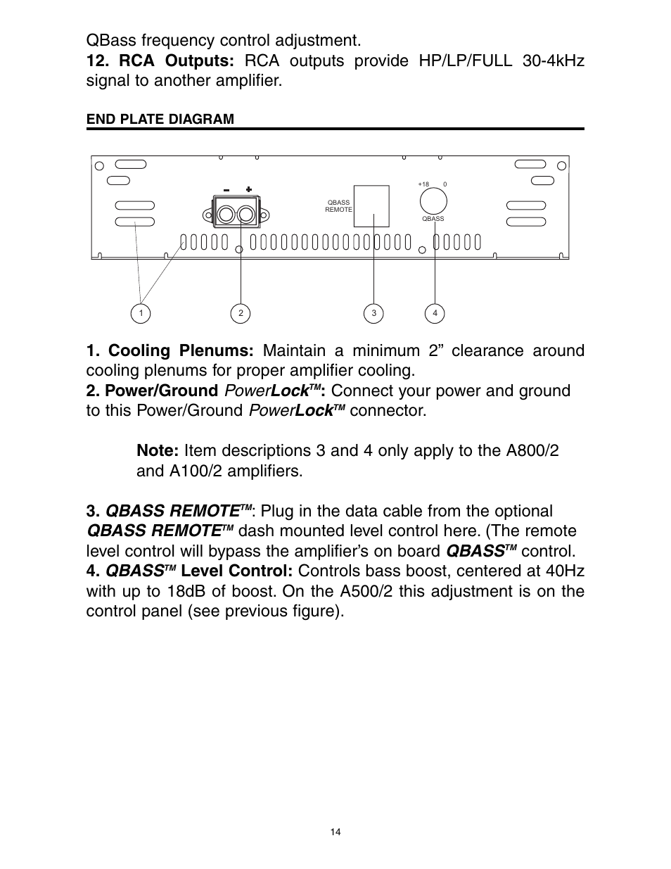 Power lock, Qbass remote, Qbass | Connect your power and ground to this power/ground, Plug in the data cable from the optional, Control. 4 | Precision Power A1000/2 User Manual | Page 15 / 23