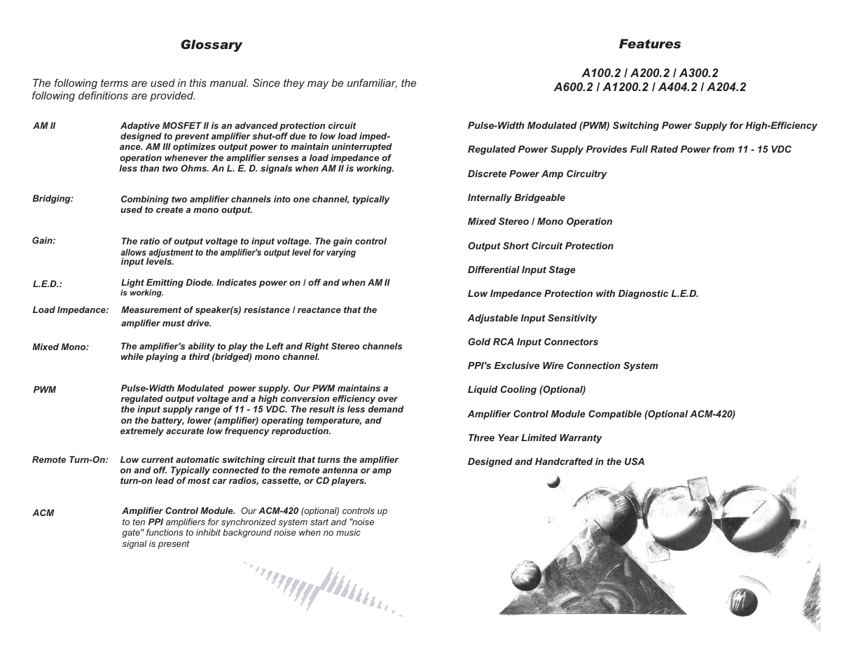 Glossary, Features | Precision Power A100.2 User Manual | Page 4 / 13