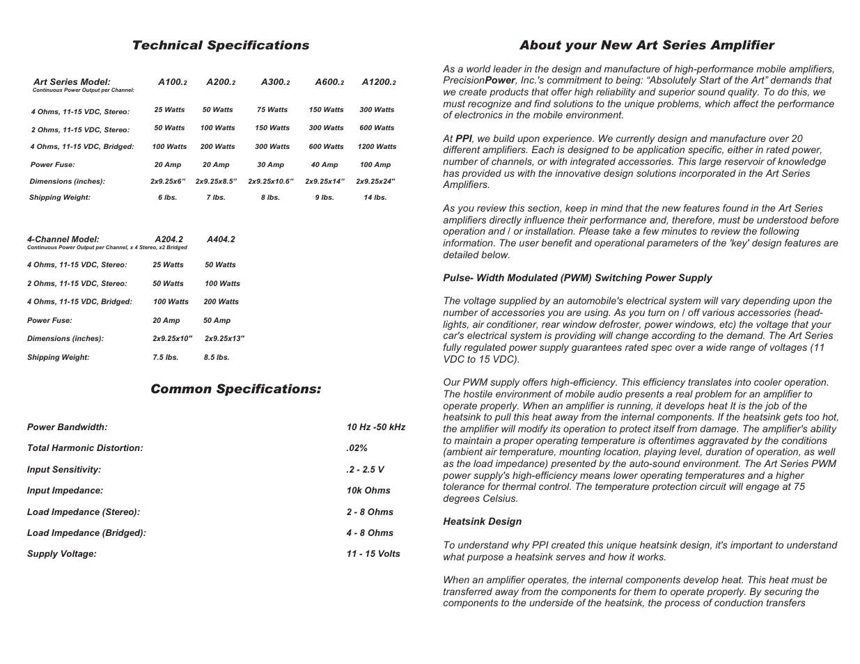 Common specifications, About your new art series amplifier, Technical specifications | Precision Power A100.2 User Manual | Page 5 / 13