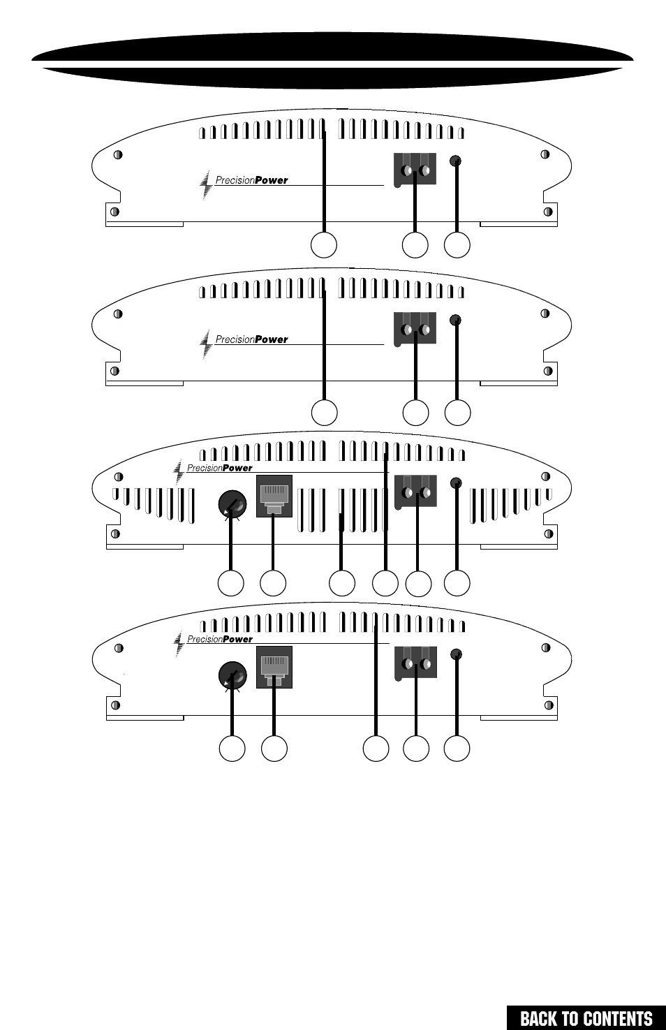 Rear endplate diagrams, Bass, Back to contents | Endplate diagrams power / ground | Precision Power PC4200 User Manual | Page 12 / 31