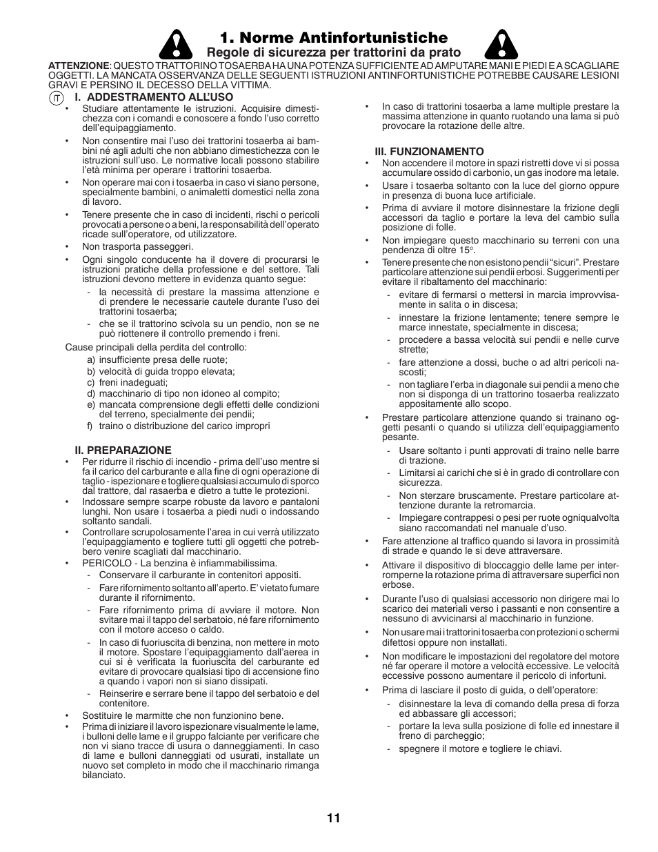 Norme antinfortunistiche, Regole di sicurezza per trattorini da prato | Partner Tech P11577H User Manual | Page 11 / 80