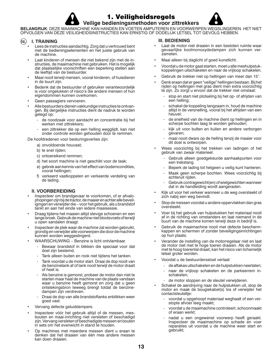 Veiligheidsregels, Veilige bedieningsmethoden voor zittrekkers | Partner Tech P11577H User Manual | Page 13 / 80