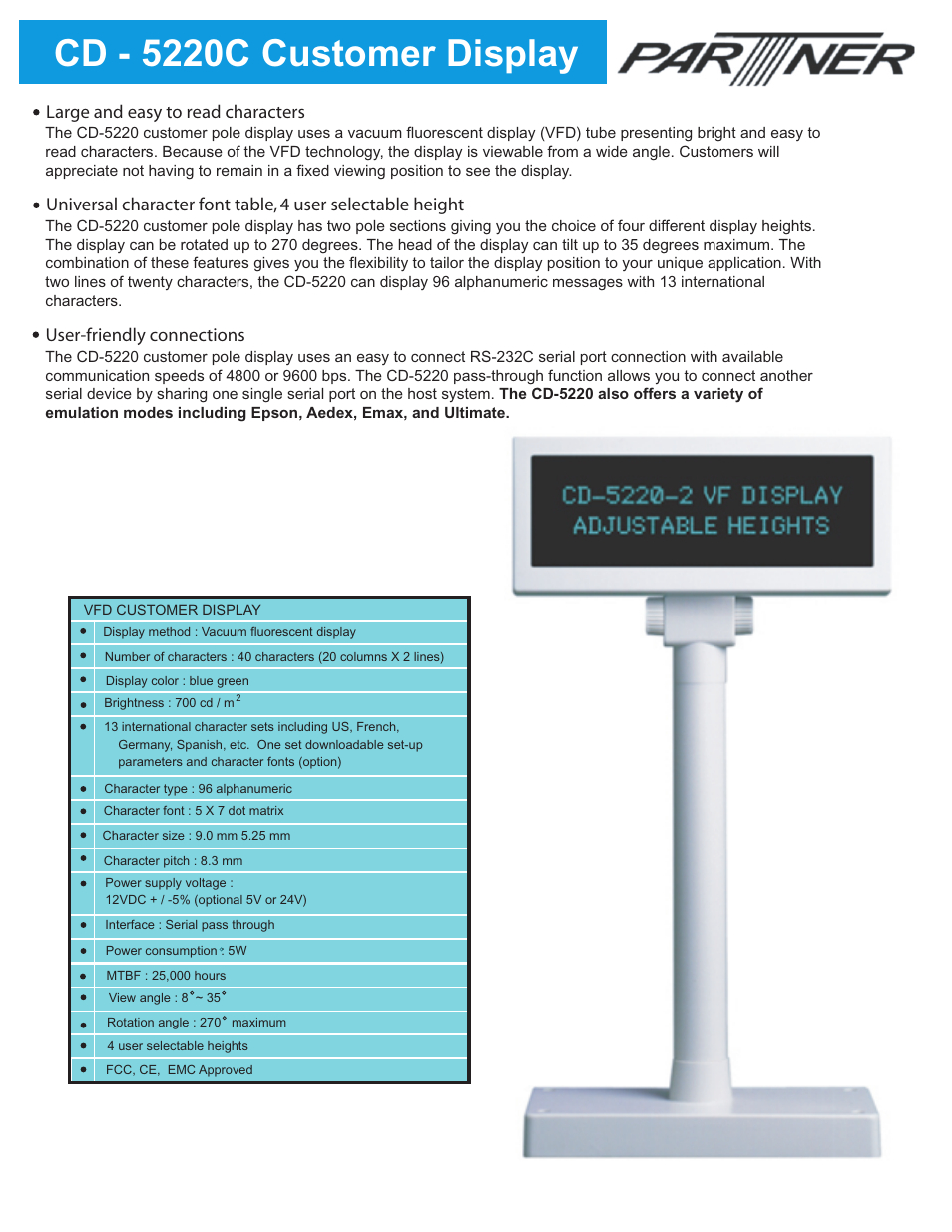 Partner Tech Customer Pole Display CD-5220 User Manual | 2 pages