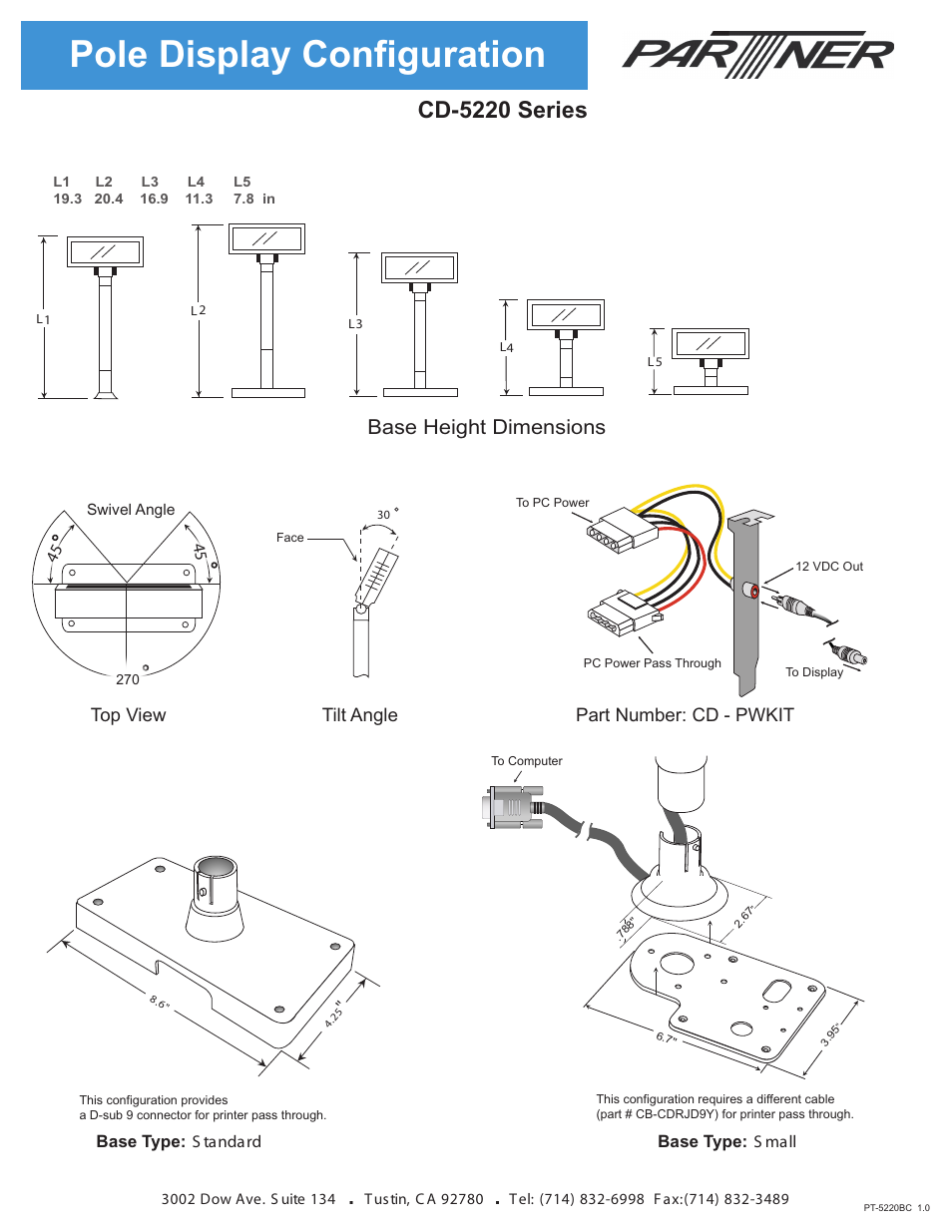 Pole display configuration, Cd-5220 series, Base height dimensions | Partner Tech Customer Pole Display CD-5220 User Manual | Page 2 / 2