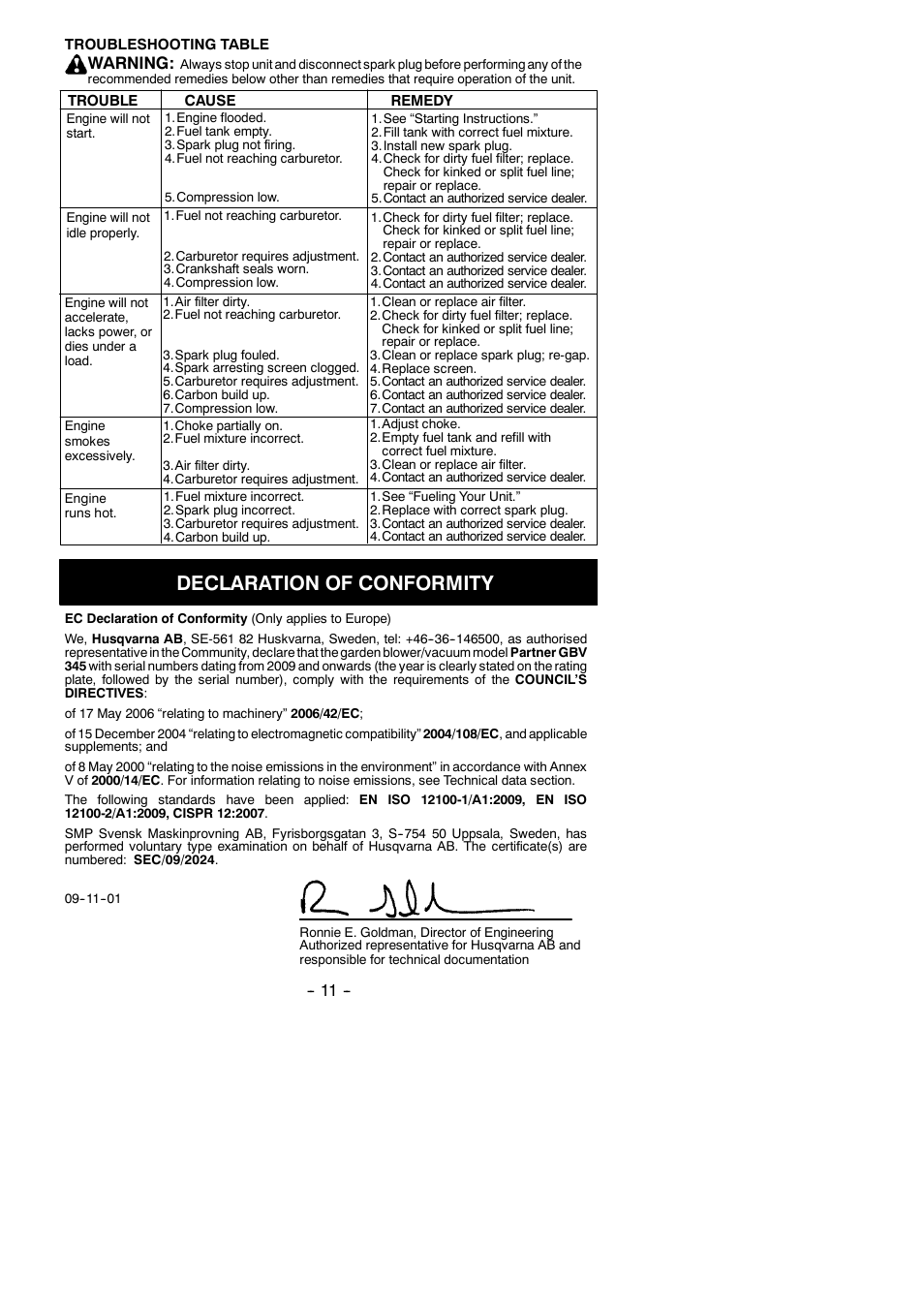 Declaration of conformity, Warning | Partner Tech GBV 345 User Manual | Page 11 / 12