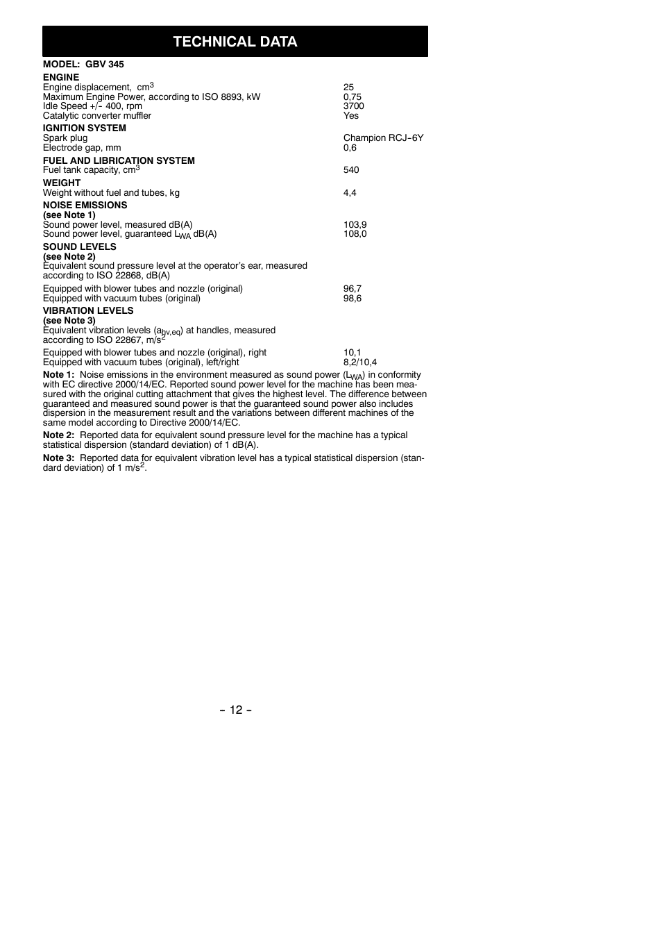 Technical data | Partner Tech GBV 345 User Manual | Page 12 / 12