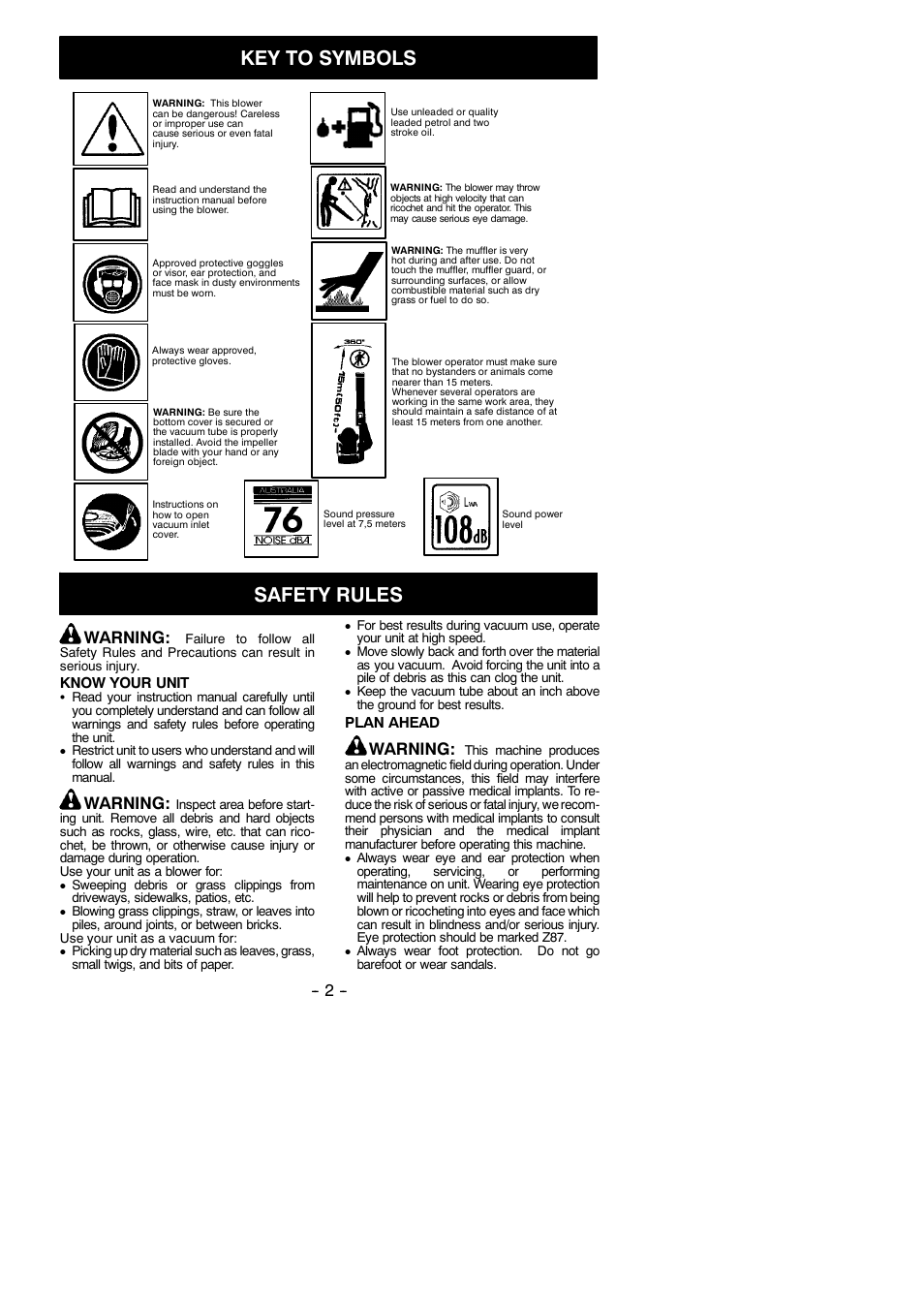 Key to symbols, Safety rules, Warning | Partner Tech GBV 345 User Manual | Page 2 / 12