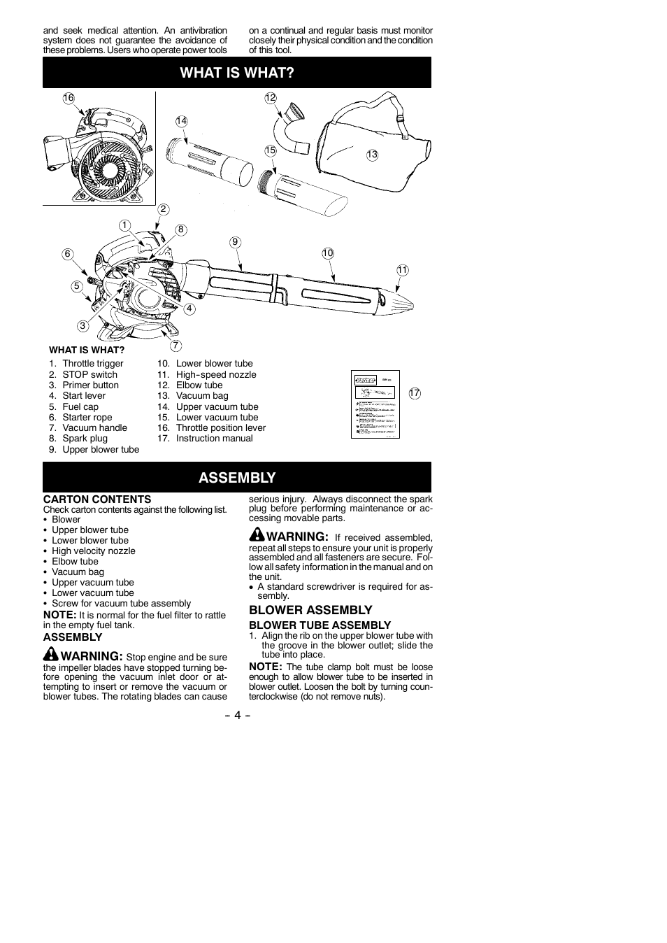 What is what, Assembly, Warning | Blower assembly | Partner Tech GBV 345 User Manual | Page 4 / 12