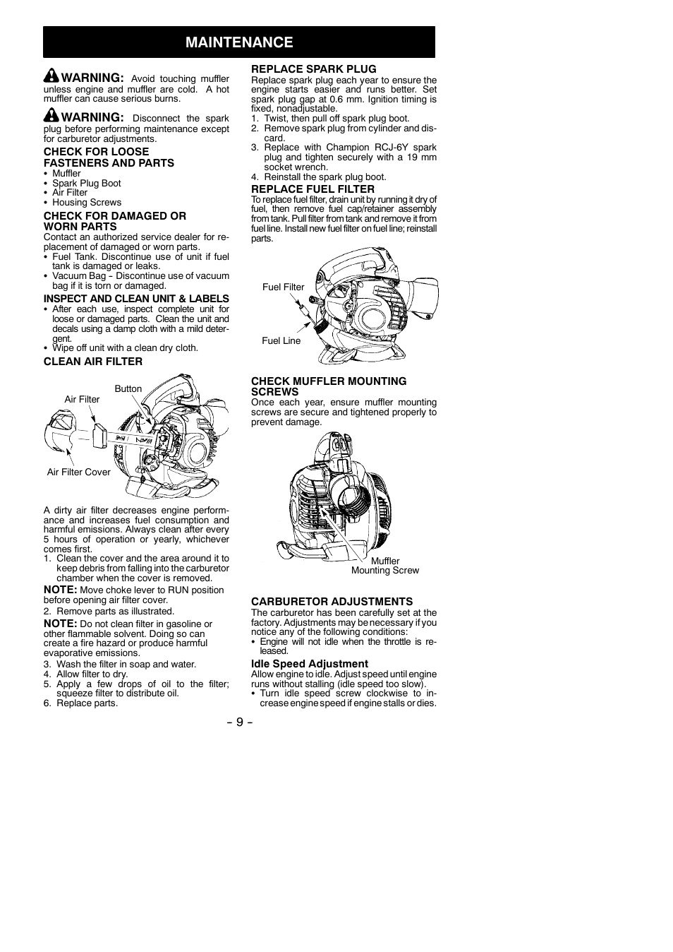 Maintenance, Warning | Partner Tech GBV 345 User Manual | Page 9 / 12