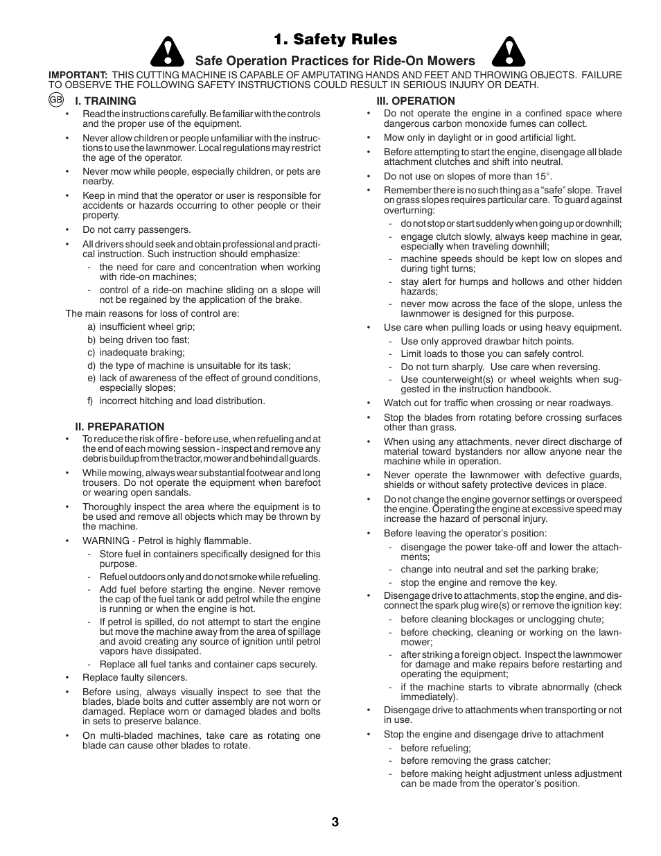 Safety rules, Safe operation practices for ride-on mowers | Partner Tech P11577 User Manual | Page 3 / 76