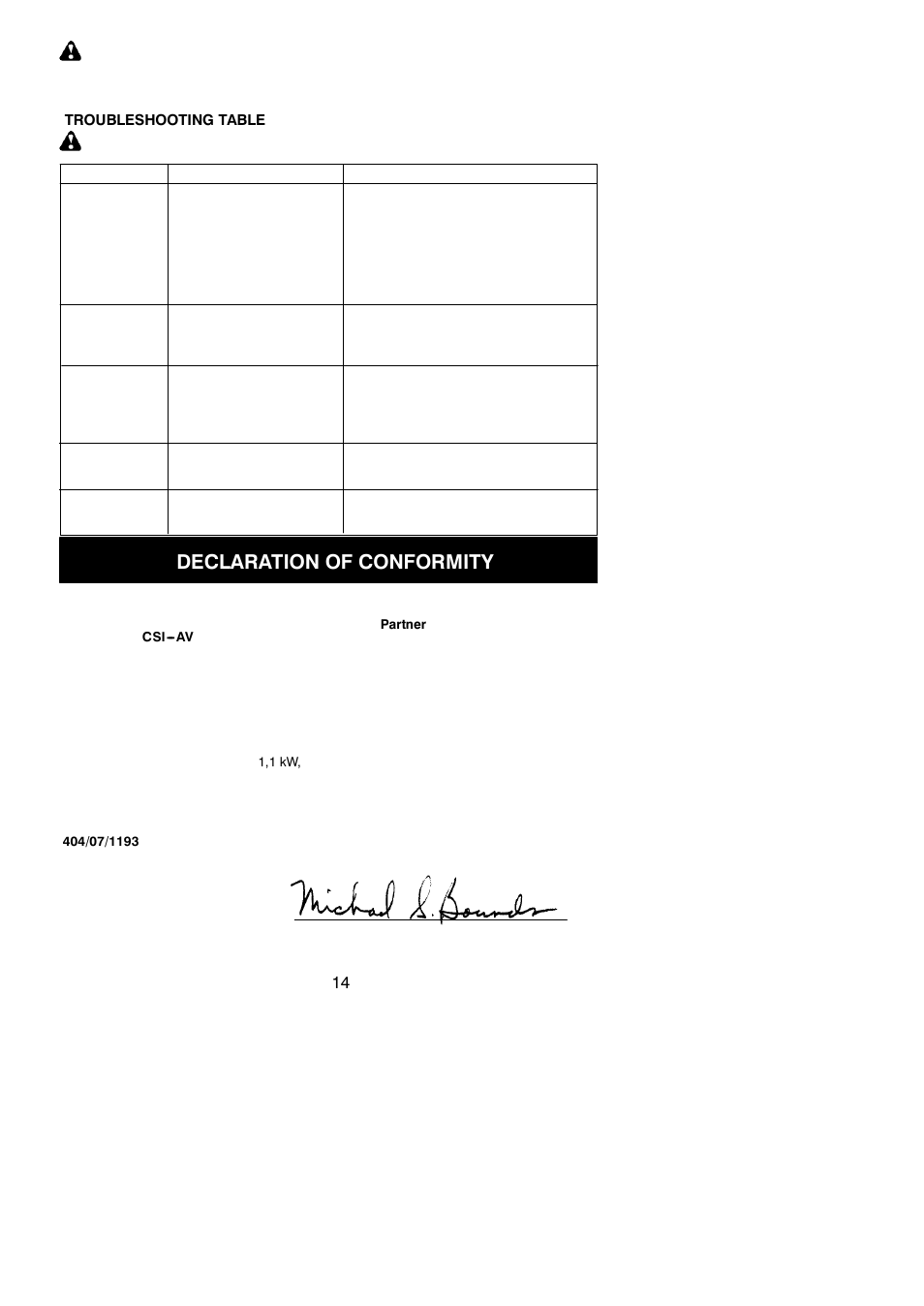 Declaration of conformity, Warning | Partner Tech P4-18XT User Manual | Page 14 / 15