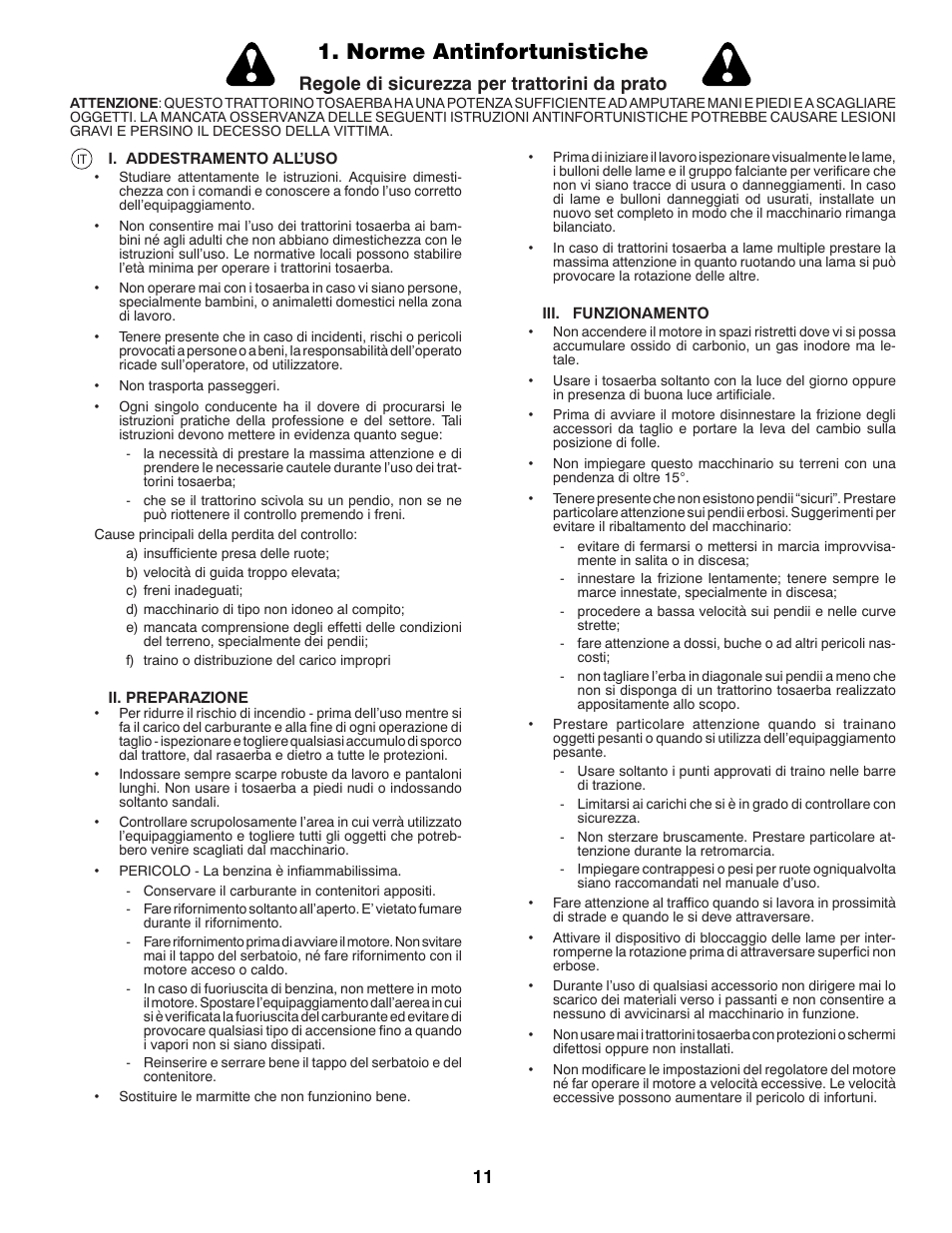 Norme antinfortunistiche, Regole di sicurezza per trattorini da prato | Partner Tech P145107HP User Manual | Page 11 / 80