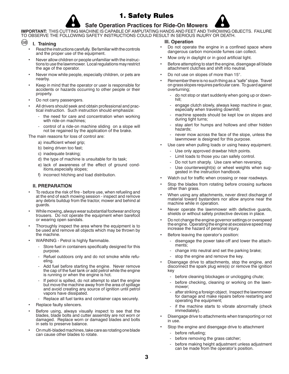 Safety rules, Safe operation practices for ride-on mowers | Partner Tech P145107HP User Manual | Page 3 / 80