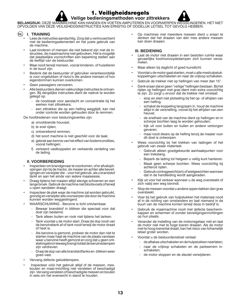 Veiligheidsregels, Veilige bedieningsmethoden voor zittrekkers | Partner Tech P12597RB User Manual | Page 13 / 84